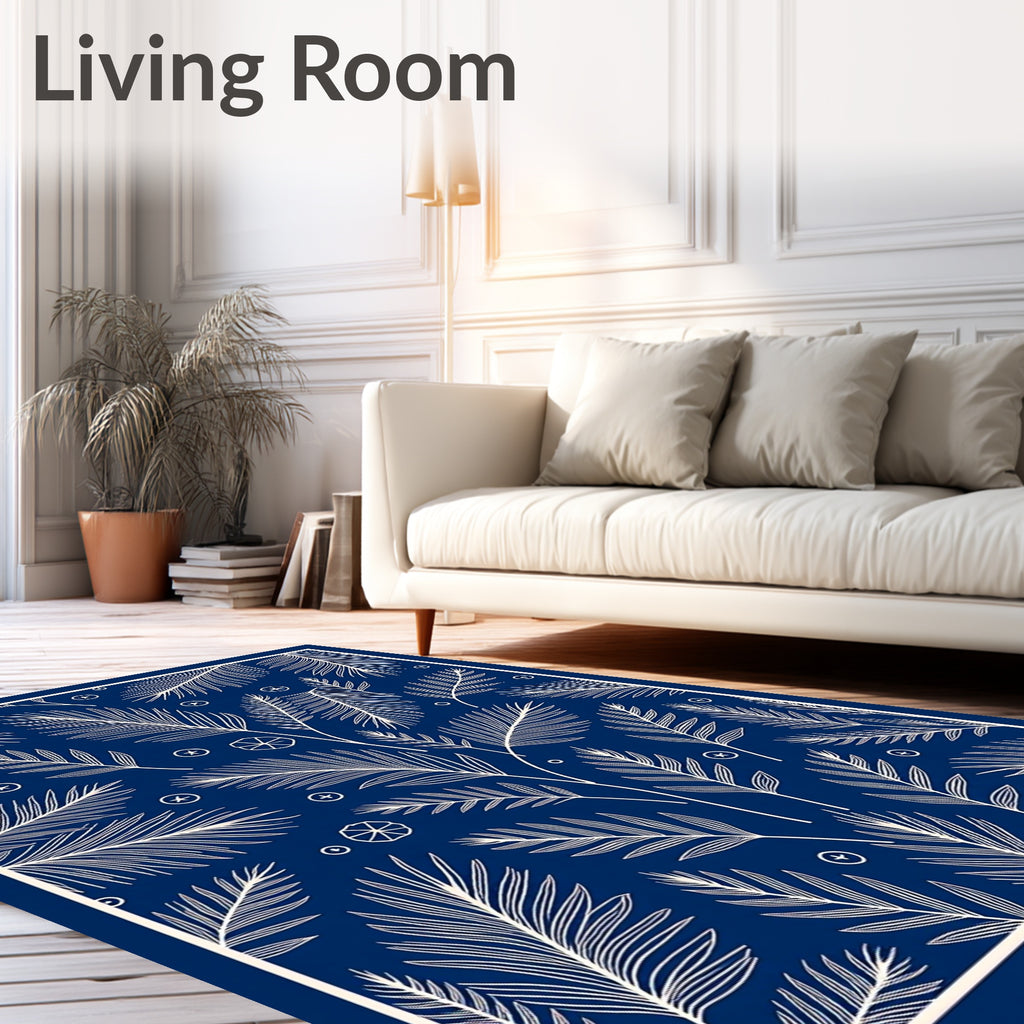 Deep Blue Feathery Leaf Medallion Rug