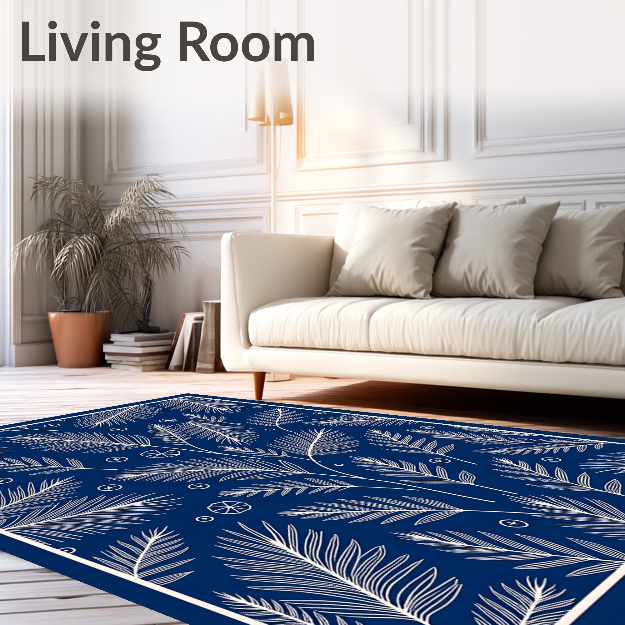 Deep Blue Feathery Leaf Medallion Rug