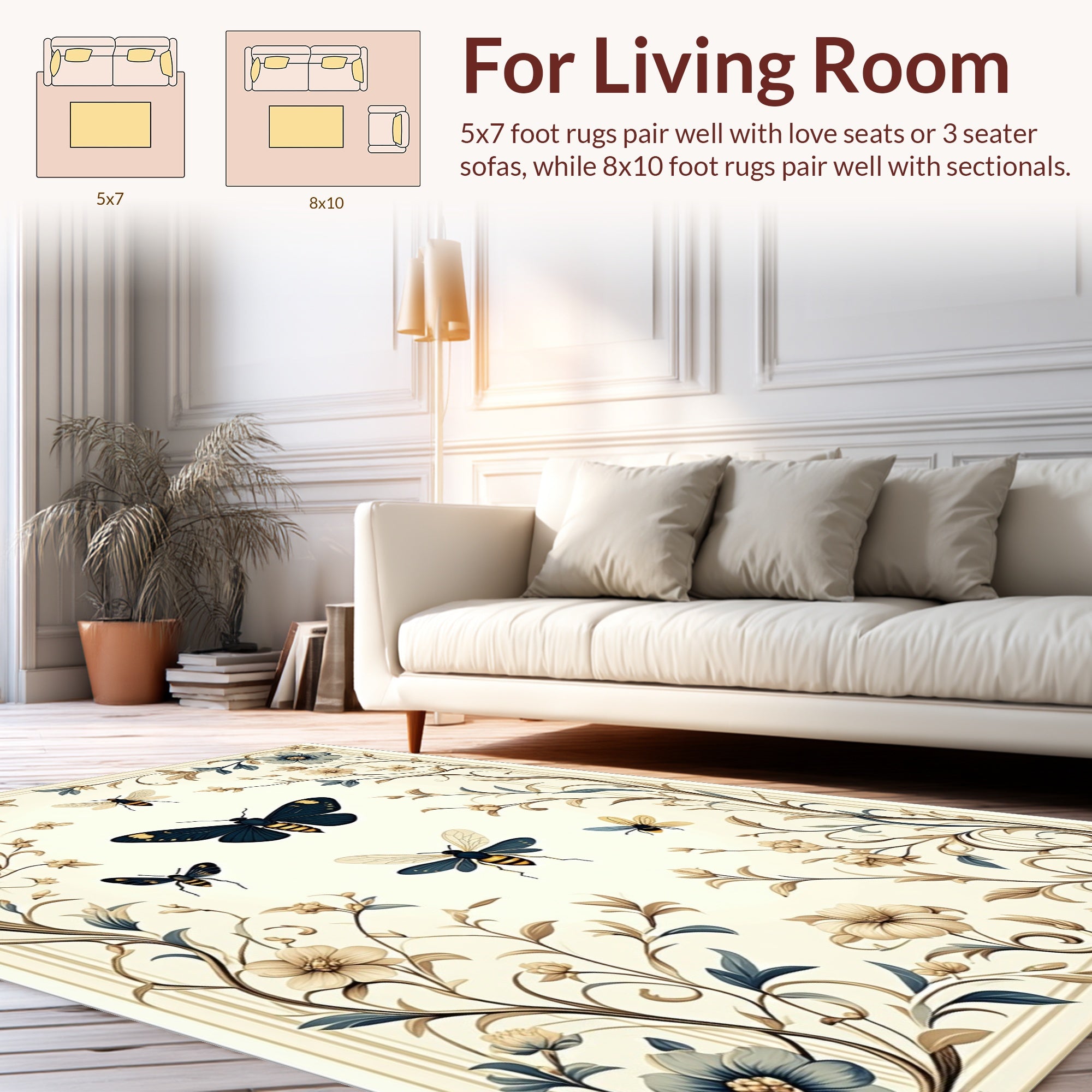 Elegant Floral Insect Scrollwork Design Rug