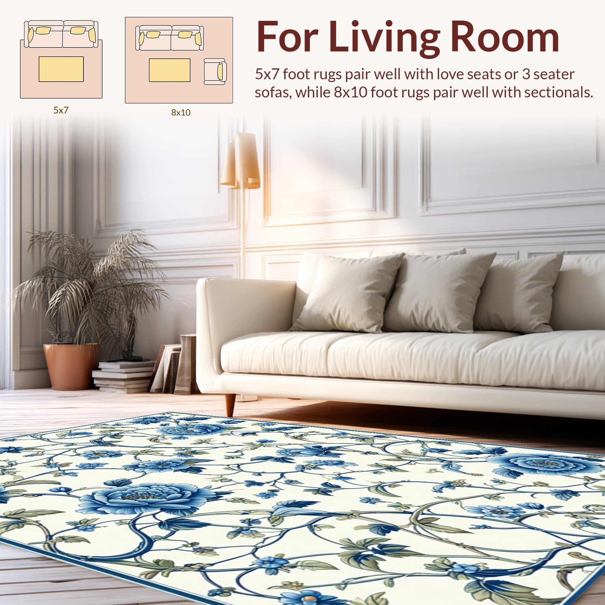 Classic Blue Floral Vine Pattern Rug