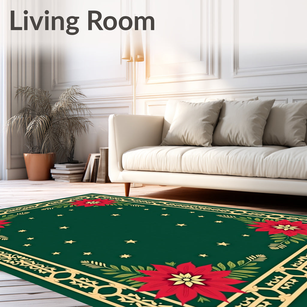 Festive Red Poinsettia Green Starry Rug