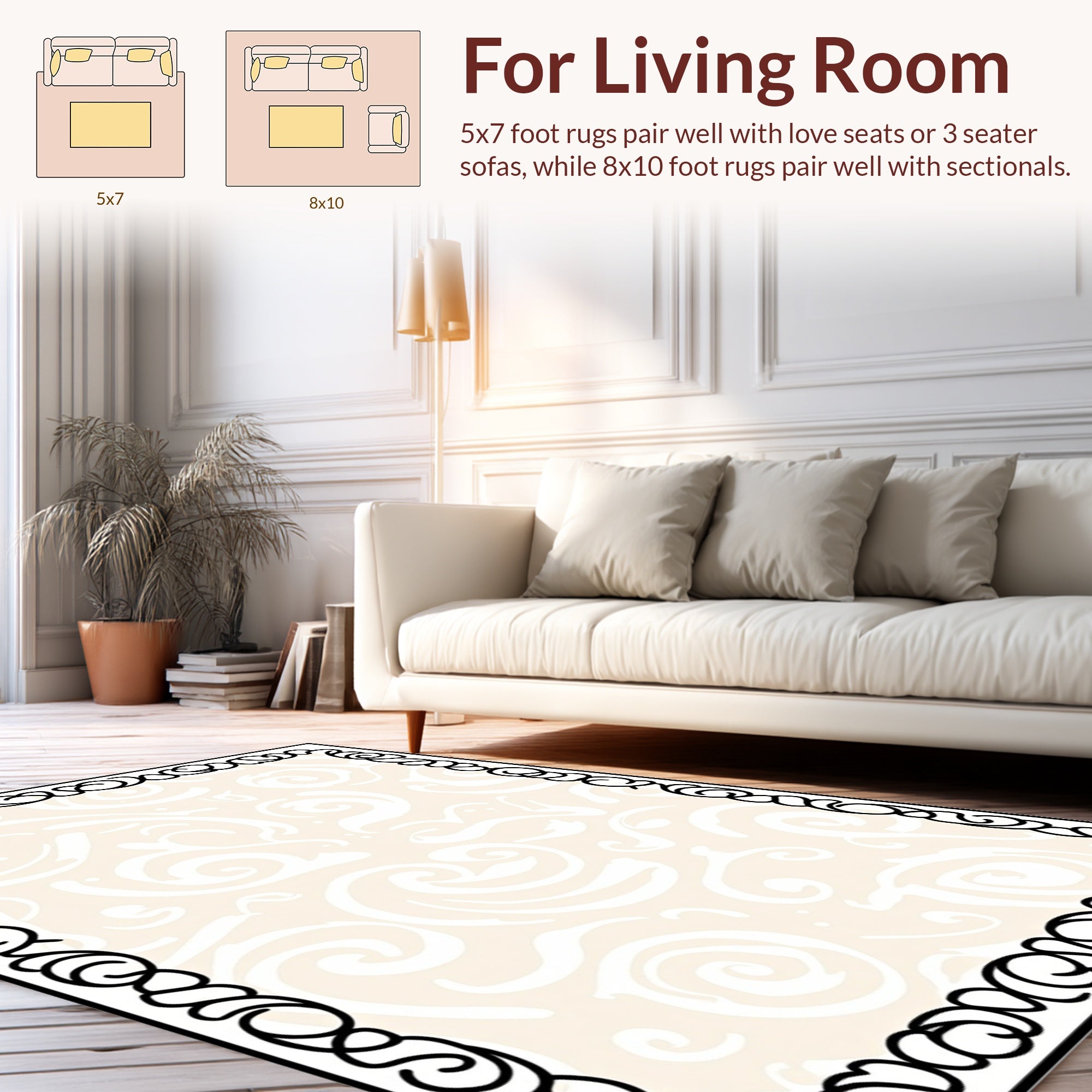 Cream Swirl Vine Patterned Border Rug