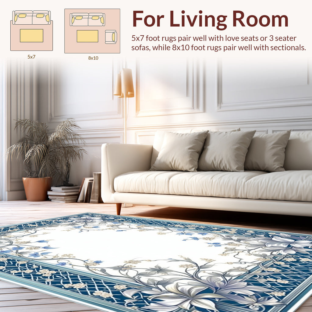 Ornate Blue White Floral Vine Design Rug