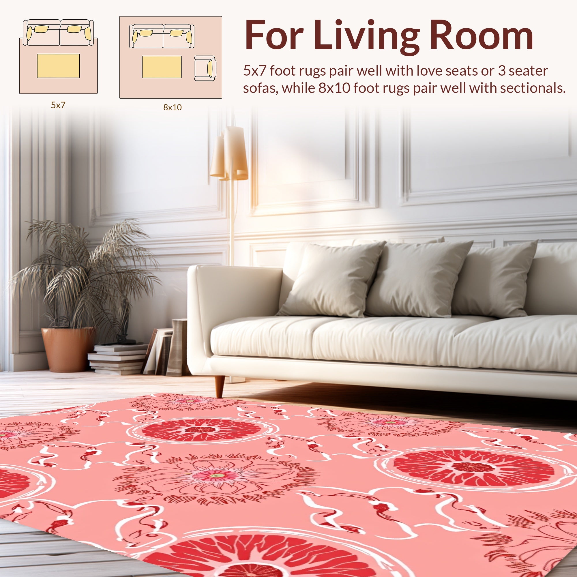 Red Pink Floral Citrus Pattern Rug