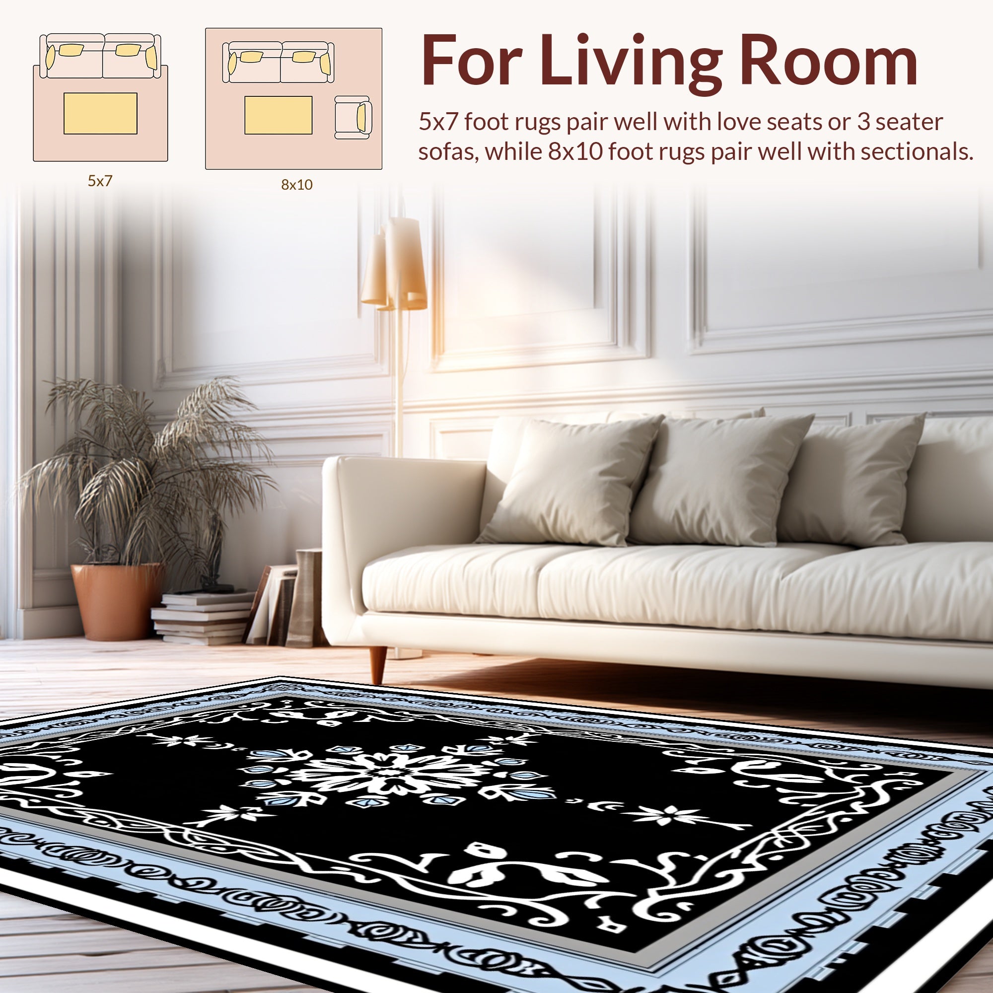 Black Floral Motif With Light Blue Accents Rug