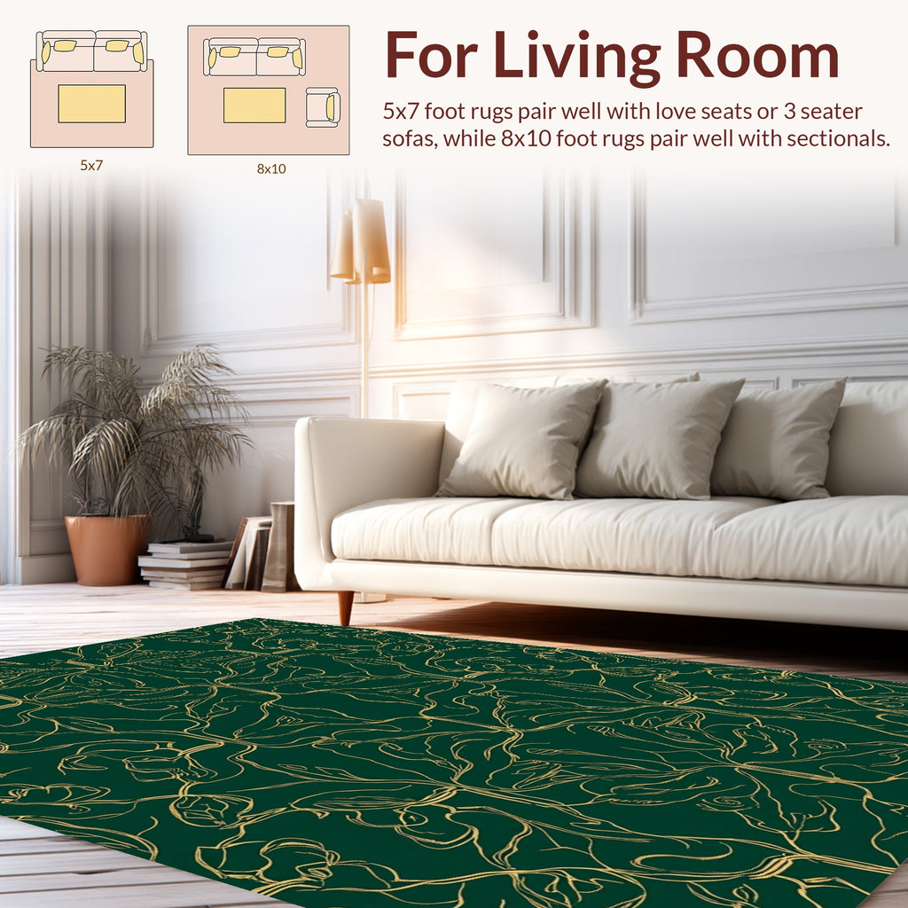 Emerald Green Floral Outline Pattern Rug