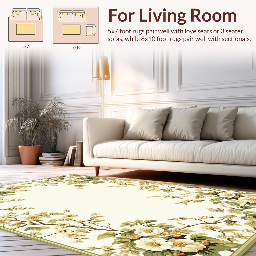 Cream Floral Branch Garden Pattern Rug