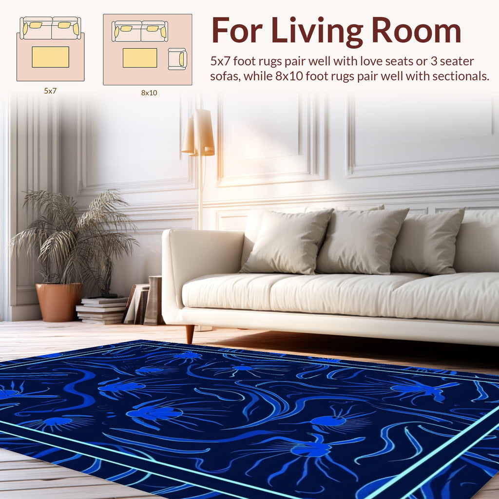 Abstract Blue Floral Swirls Design Rug