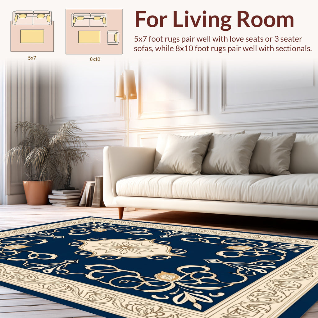 Elegant Floral Scrollwork Navy Rug