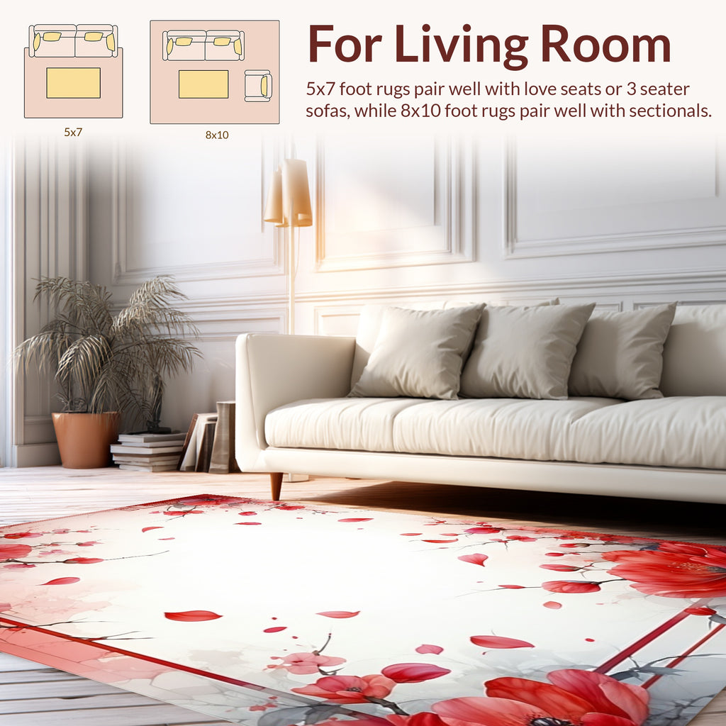 Vivid Red Floral Branch Pattern Rug