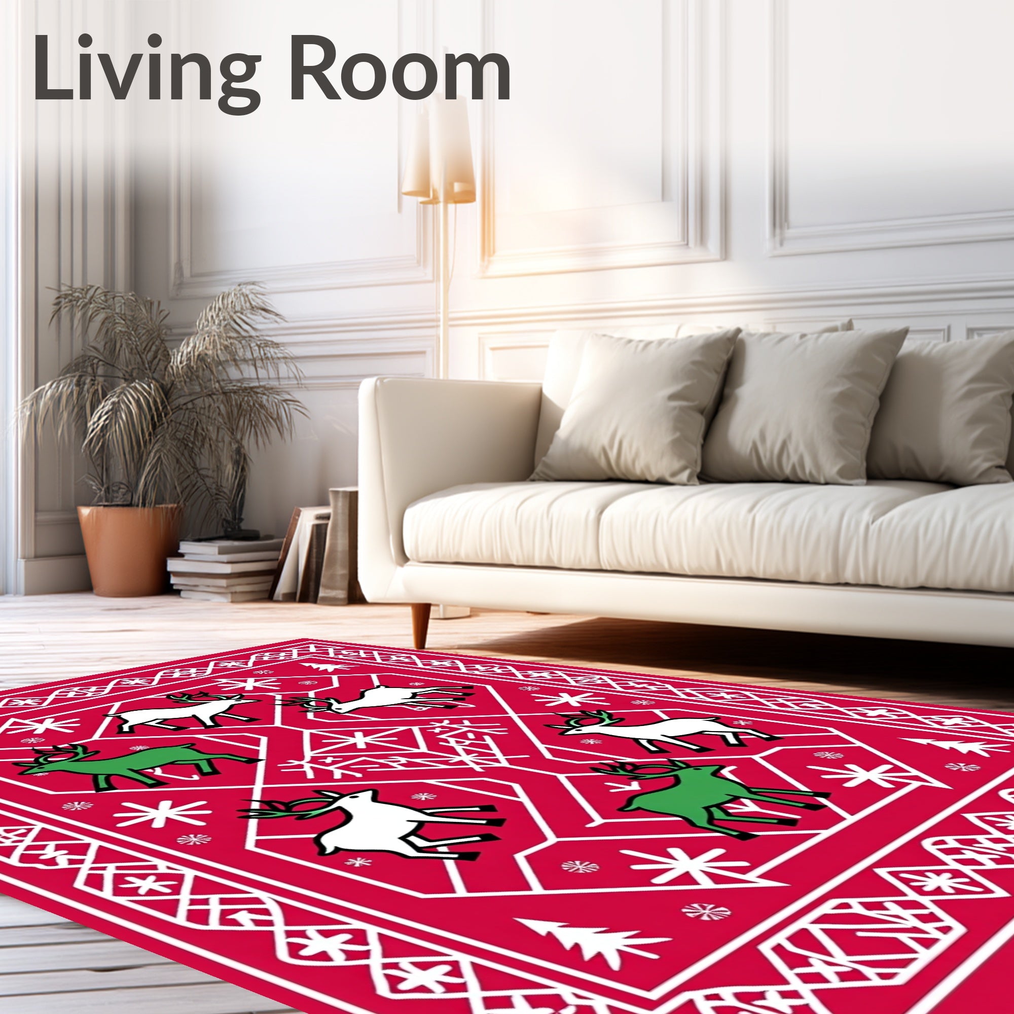 Red White Christmas Deer Snowflakes Border Rug