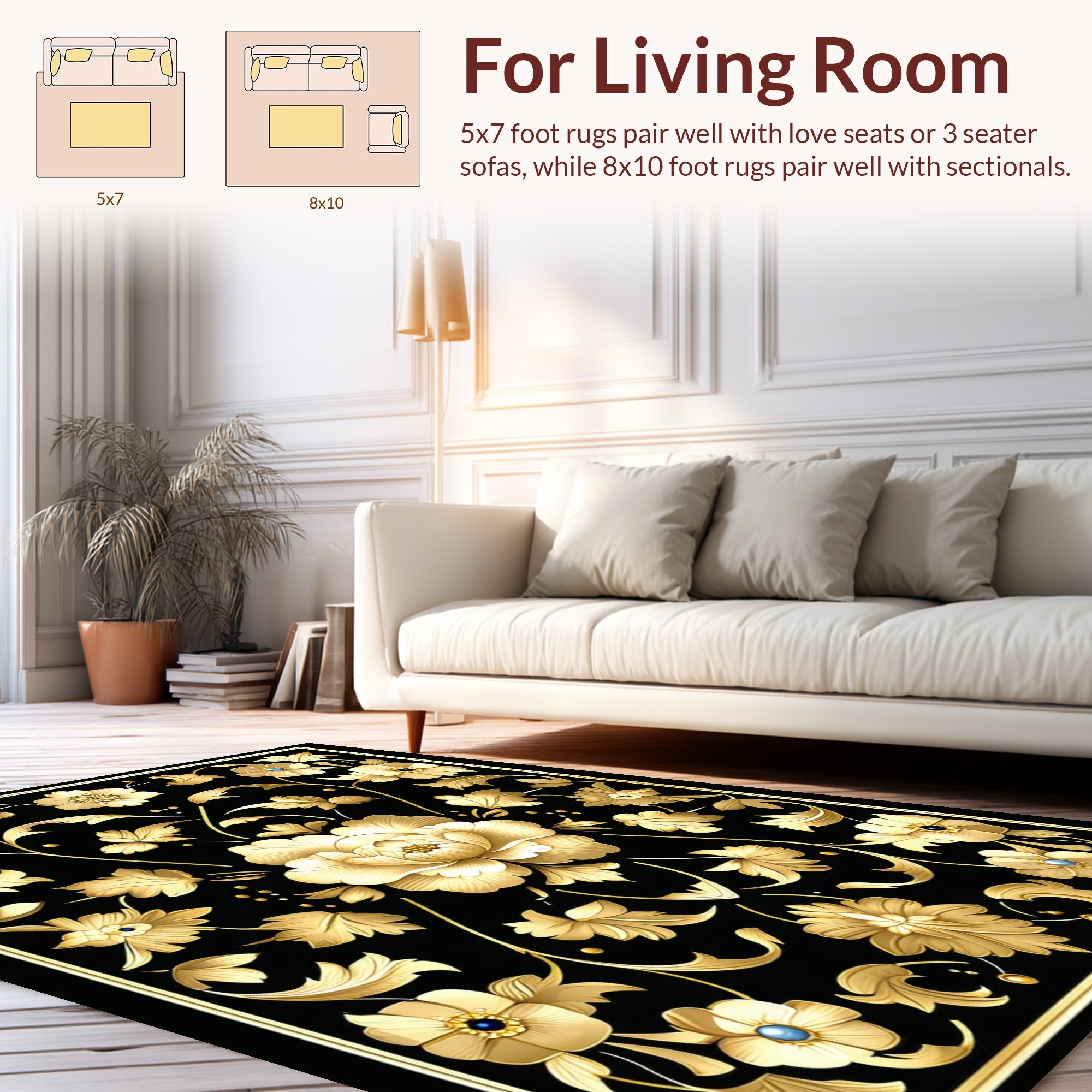 Elegant Gold Floral Black Pattern Rug
