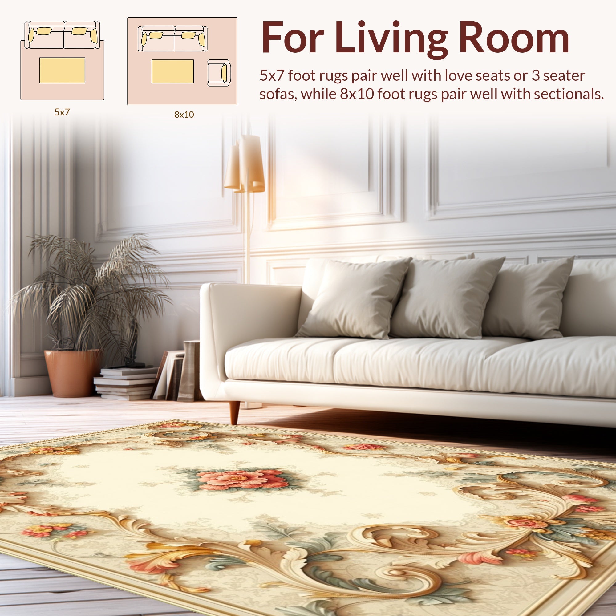 Cream Floral Scrolls Accents Rug