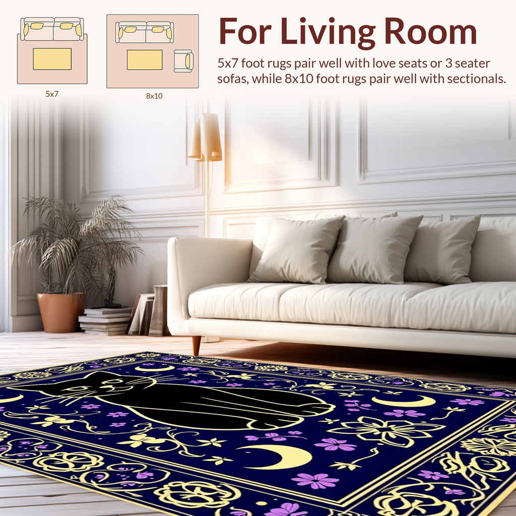 Whimsical Black Cat Moon Floral Design Rug