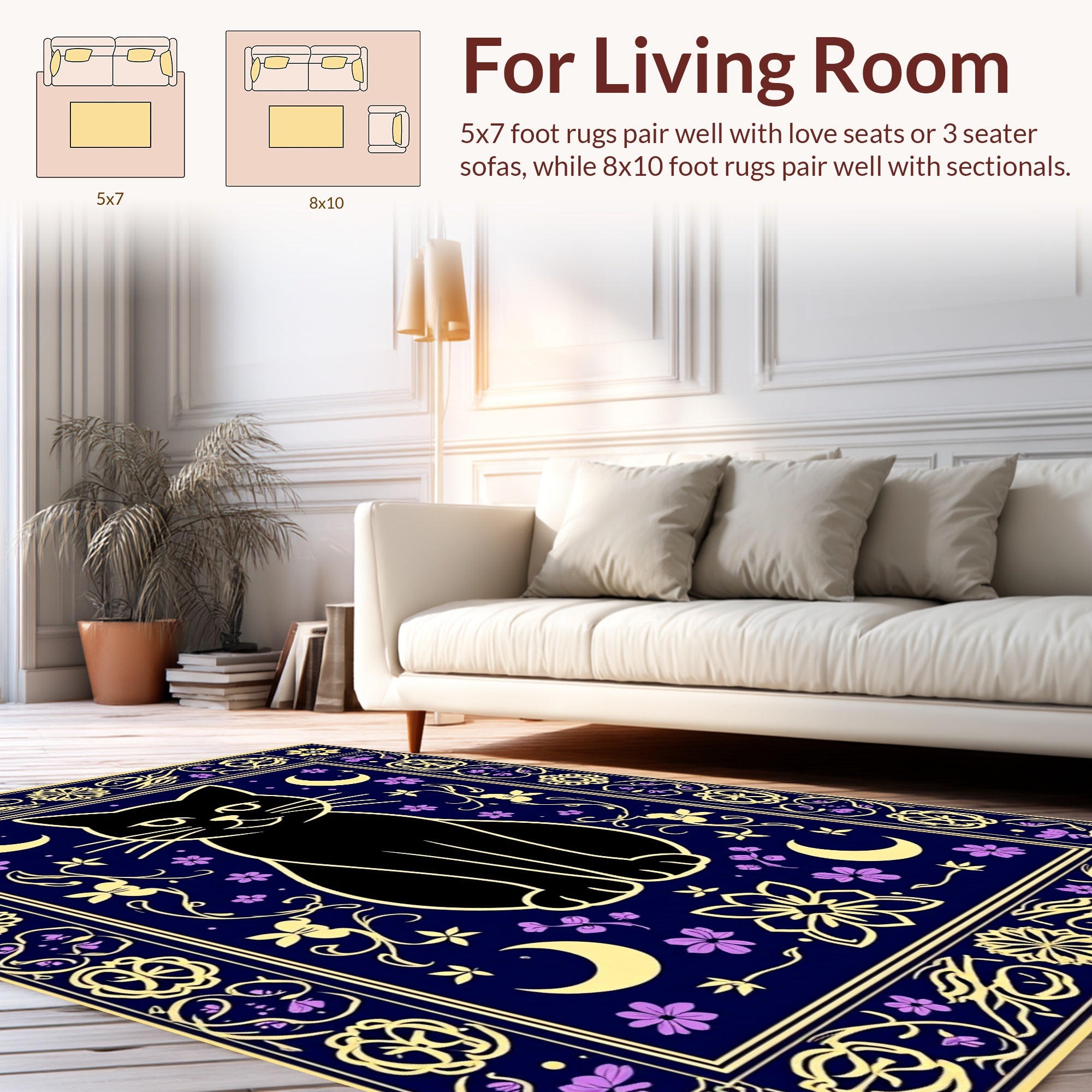 Whimsical Black Cat Moon Floral Design Rug