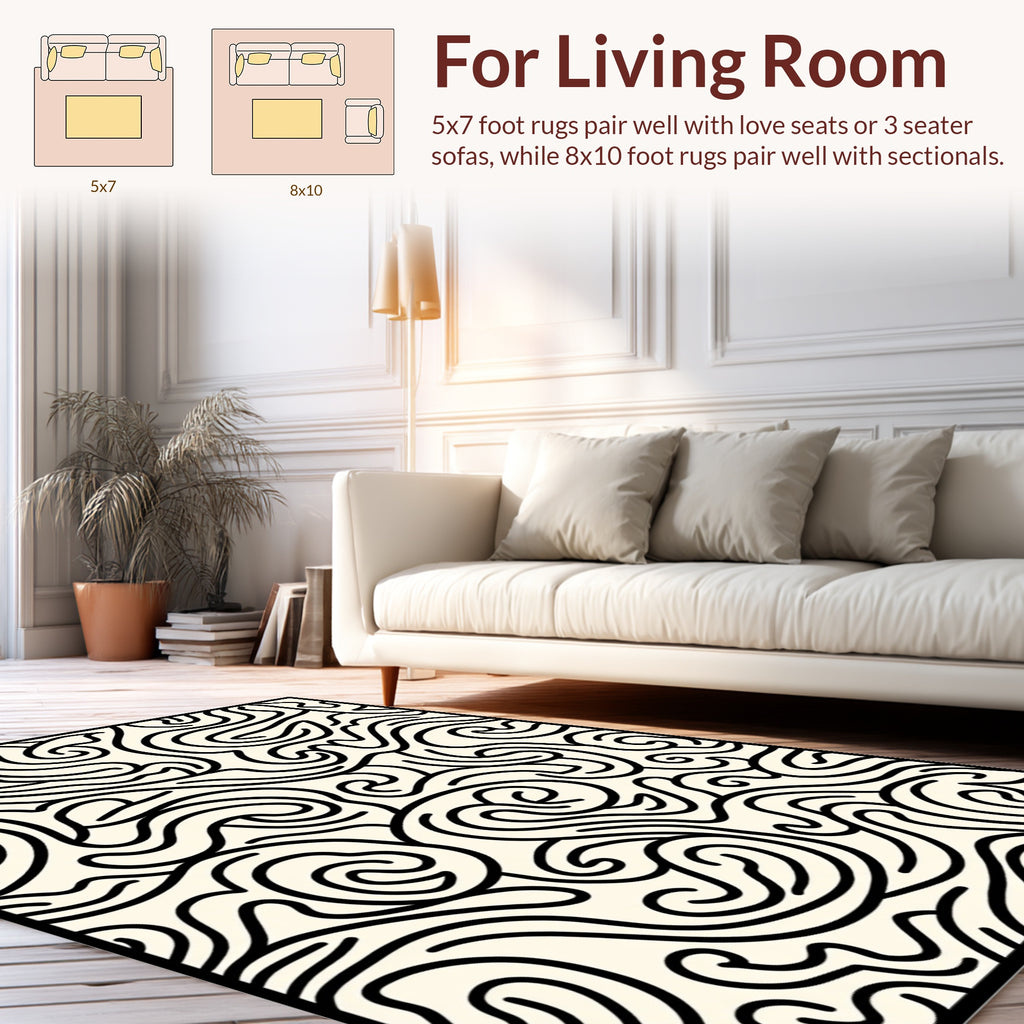 Abstract Swirling Black Line Pattern Rug
