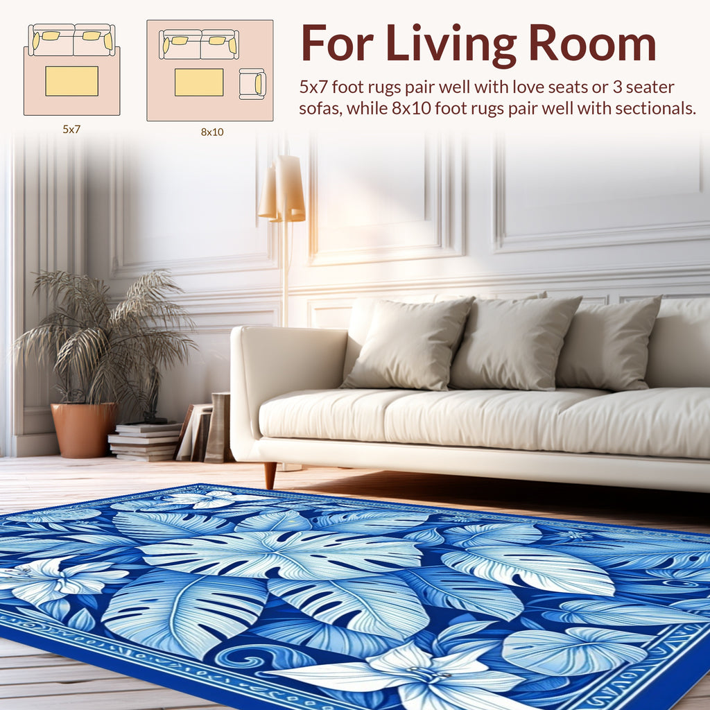 Blue Tropical Leaf Flower Pattern Rug