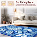 Blue Tropical Leaf Flower Pattern Rug
