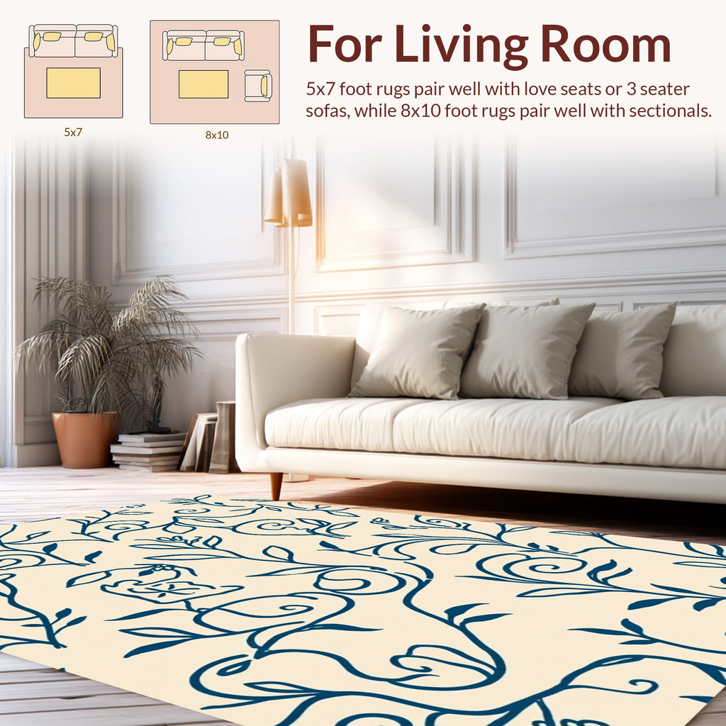 Navy Blue Floral Vine Design Rug