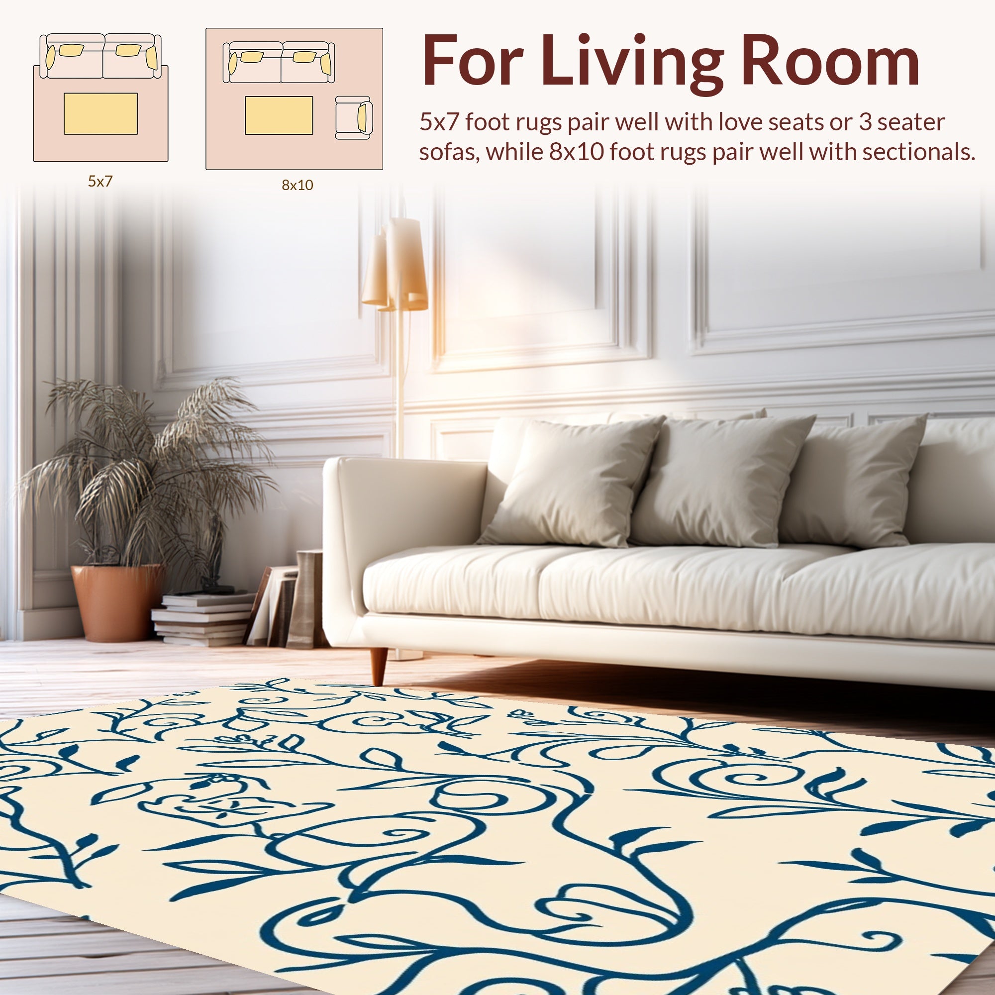 Navy Blue Floral Vine Design Rug