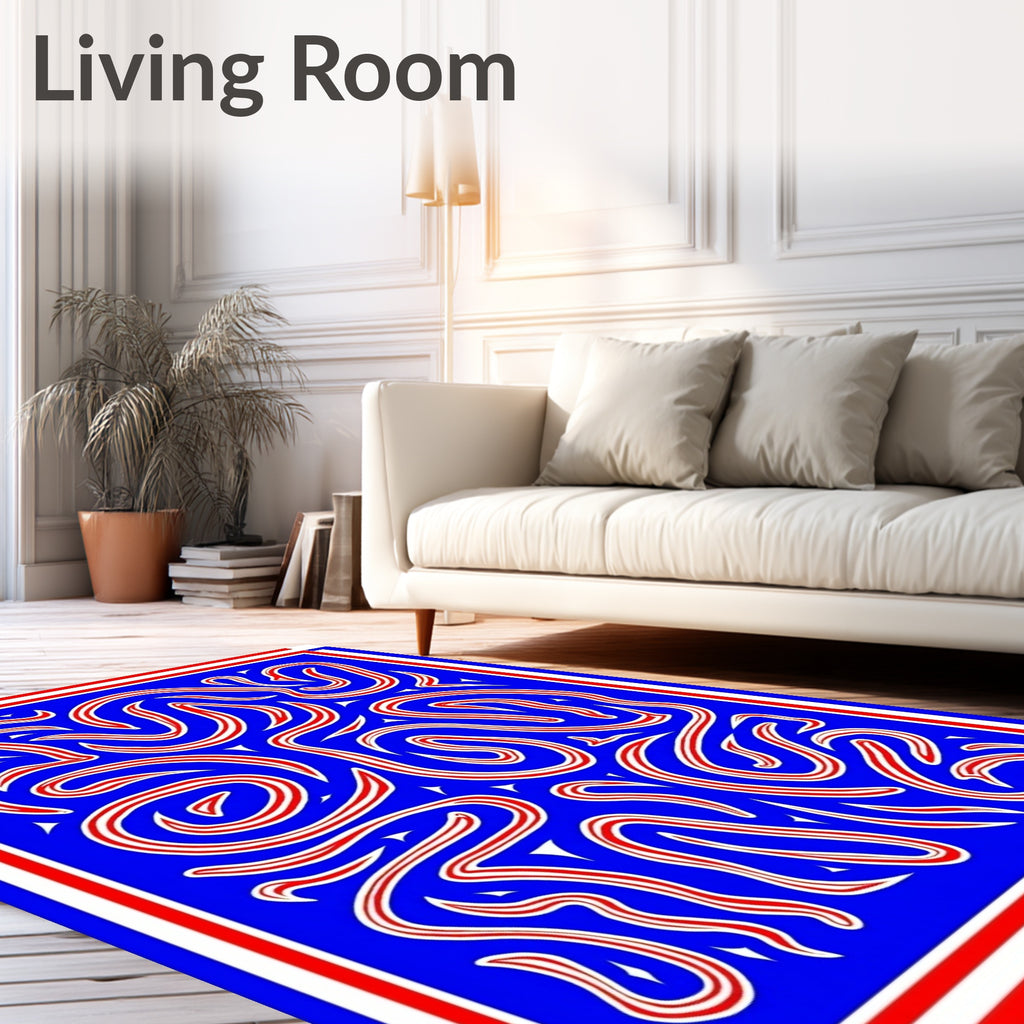 Bold Red White Swirls Blue Abstract Rug