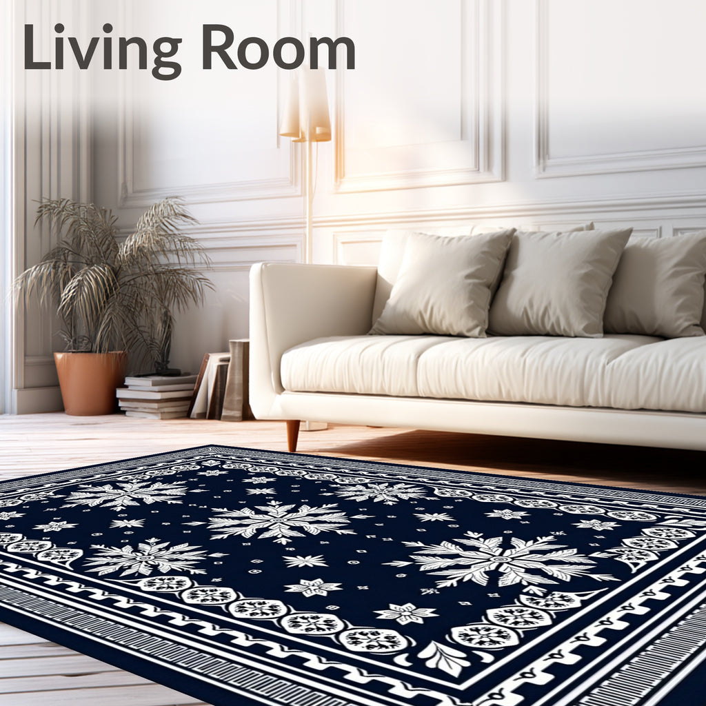 Navy White Snowflake Mandala Border Rug