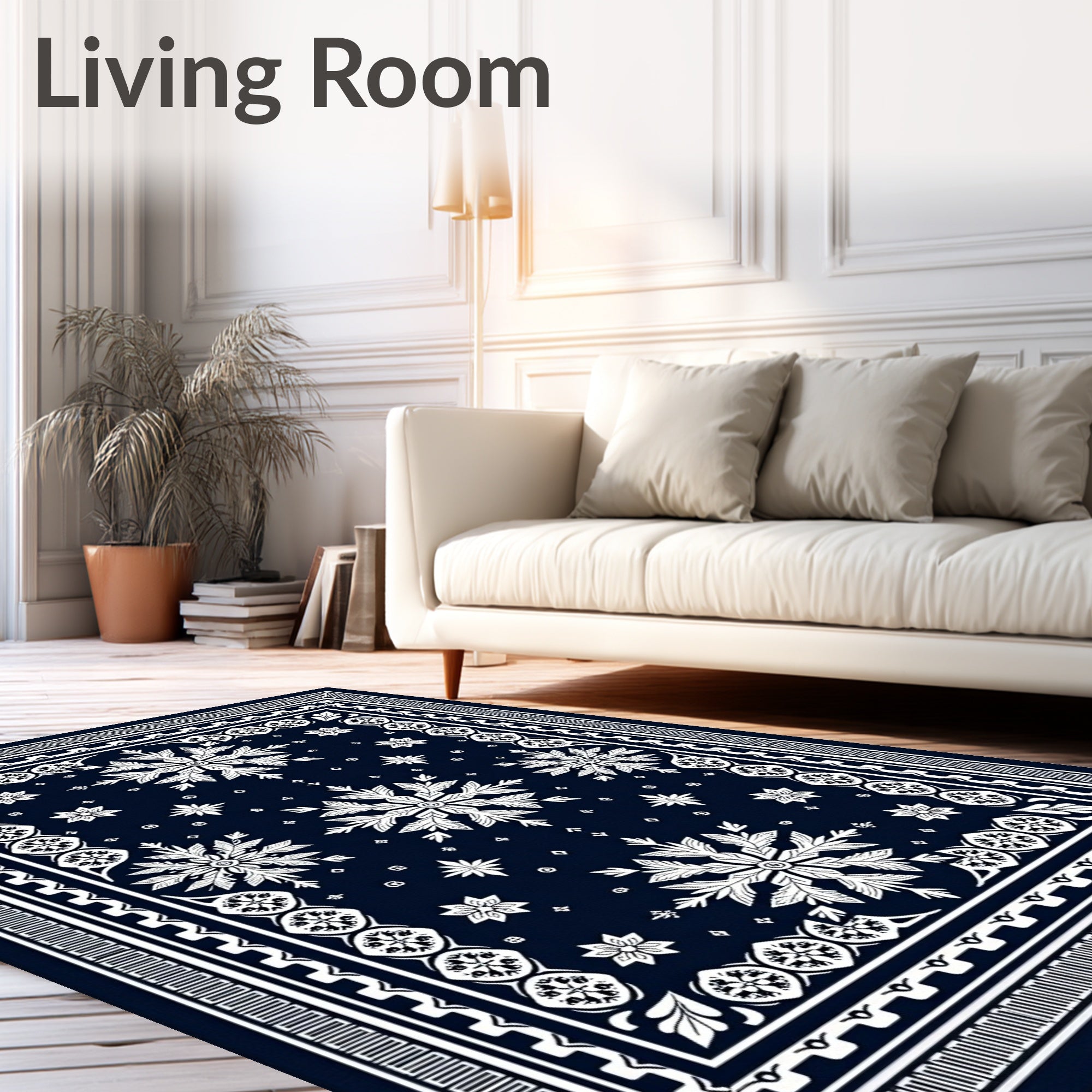 Navy White Snowflake Mandala Border Rug