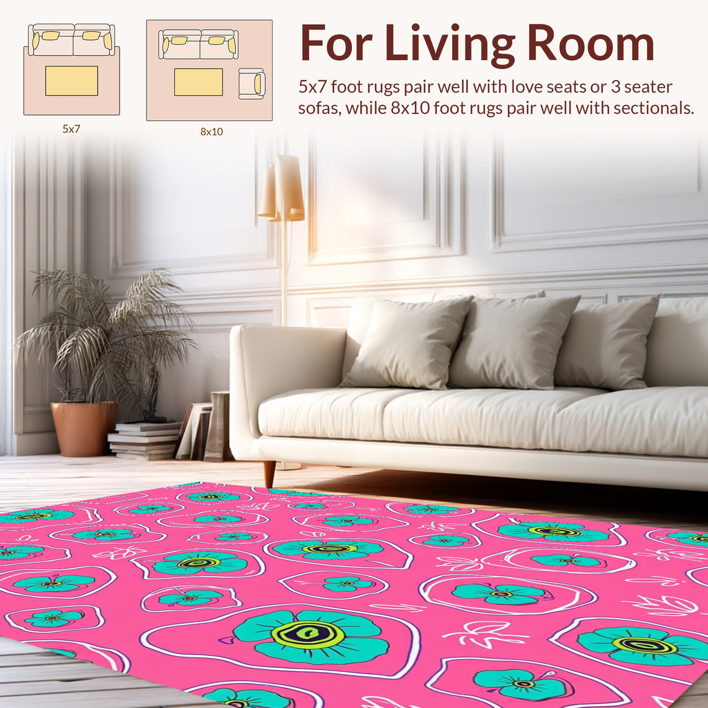 Pink Teal Flower Doodle Design Rug