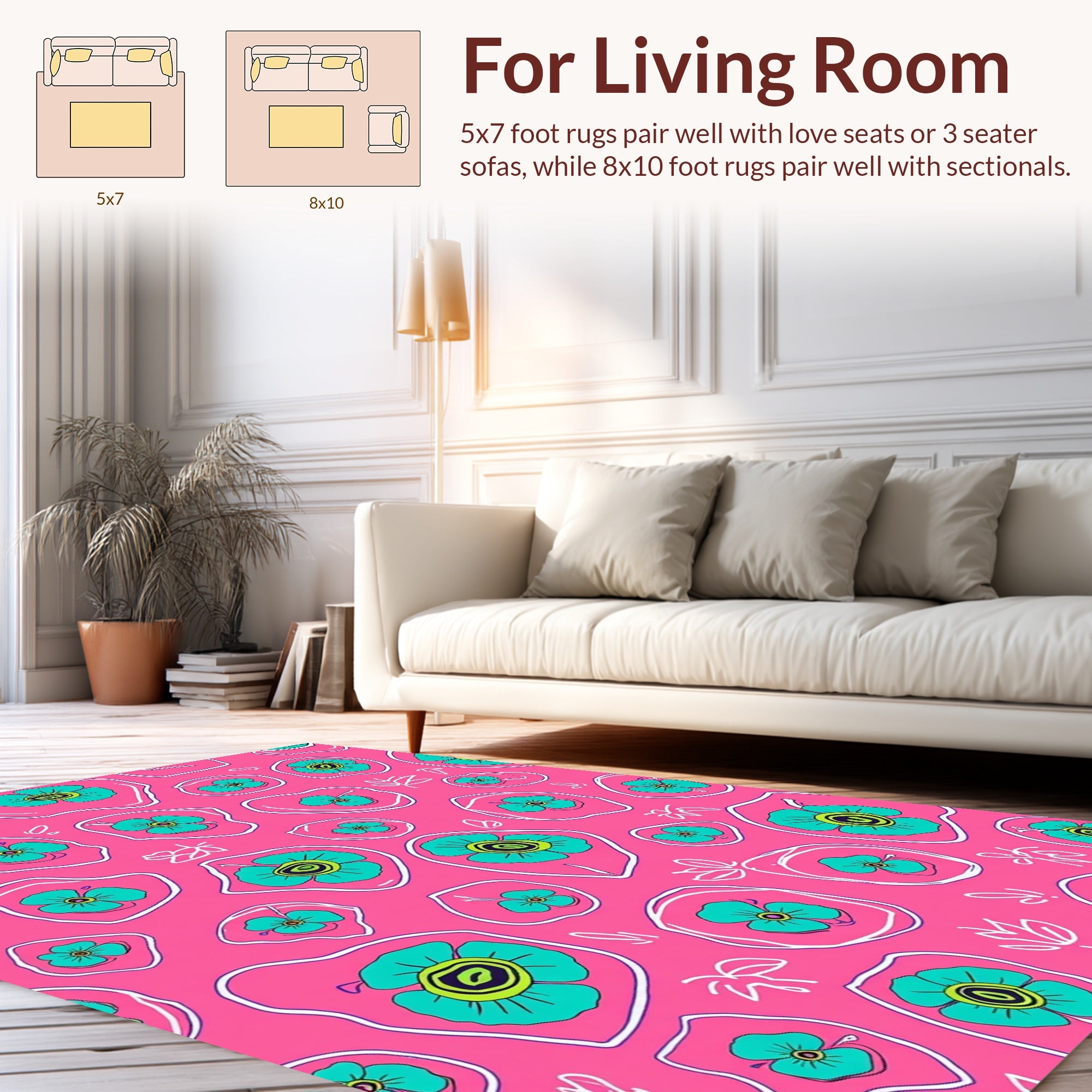 Pink Teal Flower Doodle Design Rug