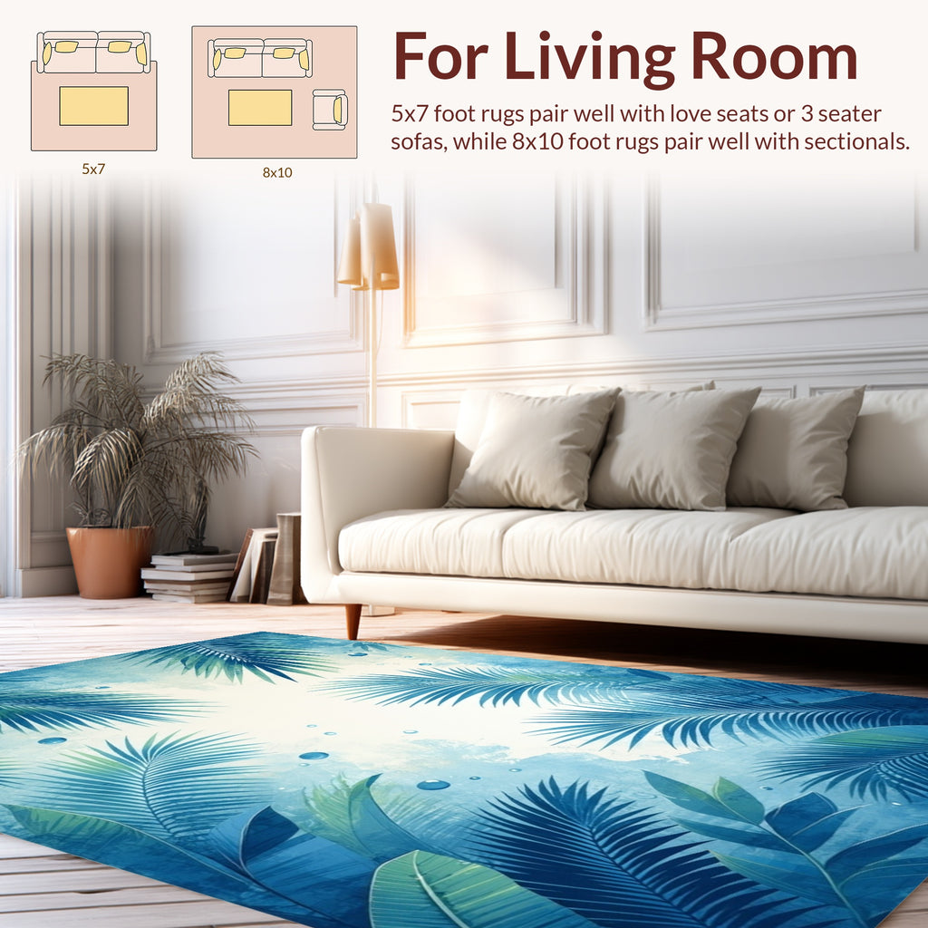Tropical Blue Palm Leaf Watercolor Design Rug