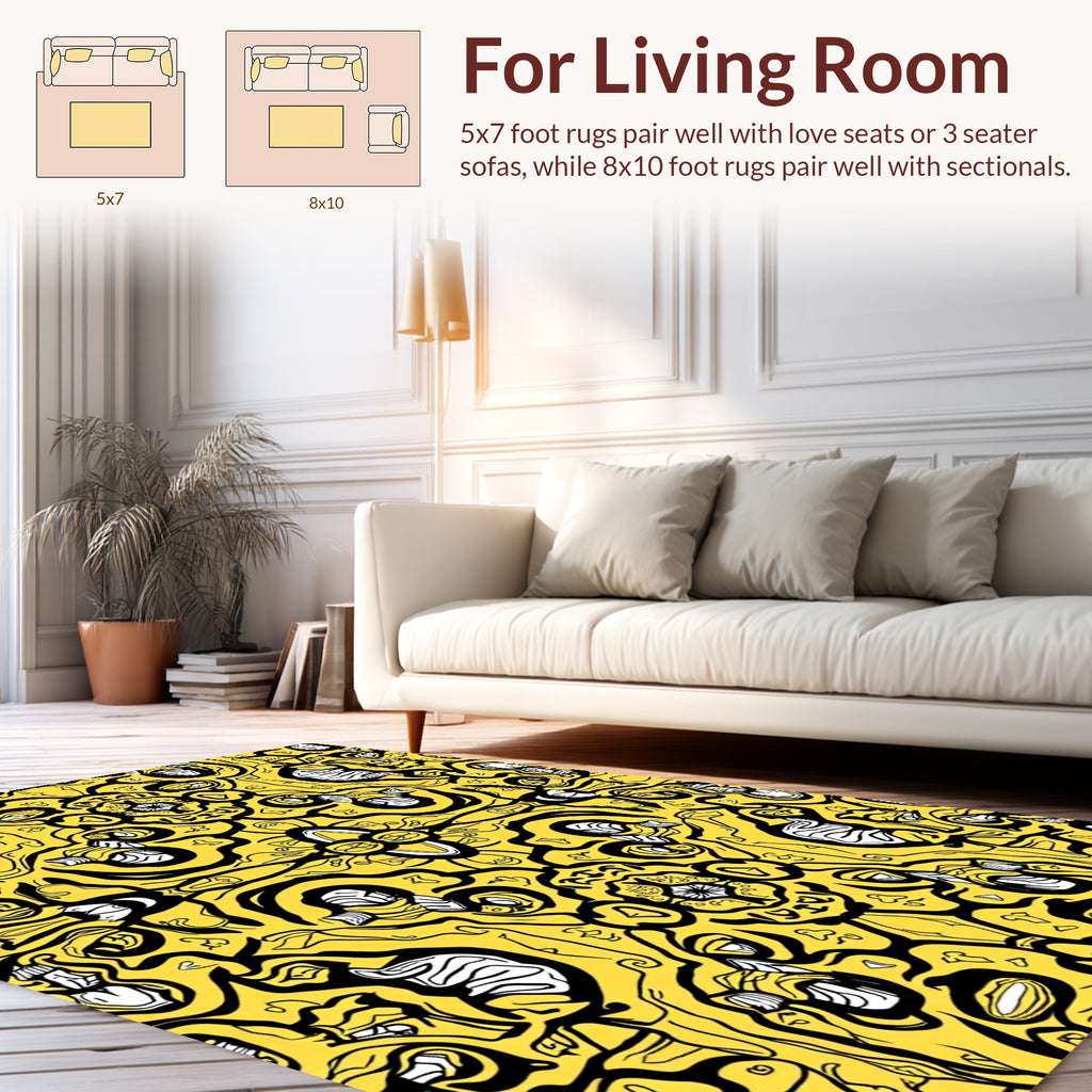 Symmetrical Yellow Black Floral Pattern Design Rug
