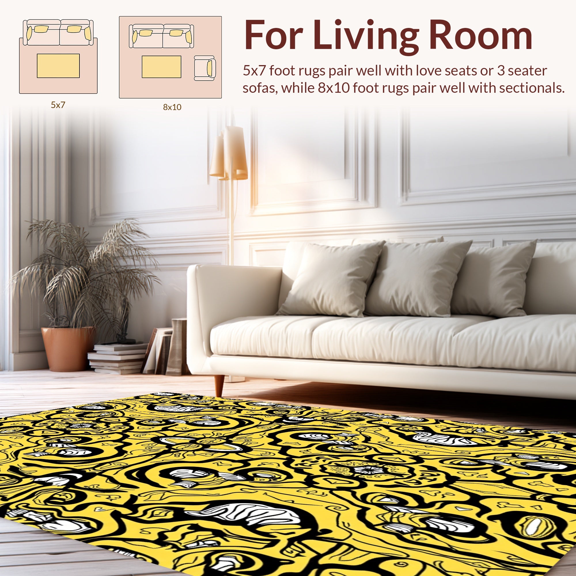 Symmetrical Yellow Black Floral Pattern Design Rug