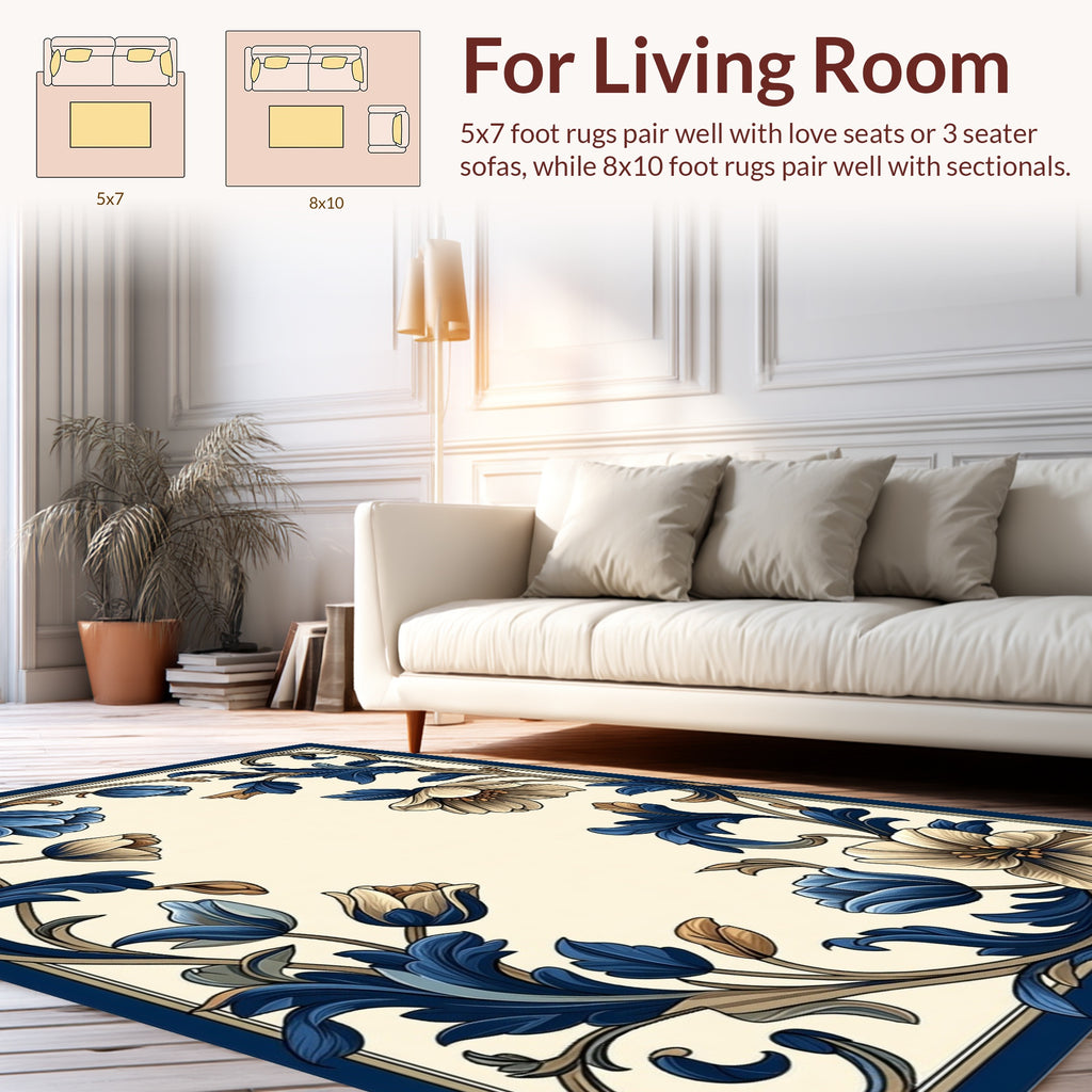 Classic Floral Scrollwork Blue Cream Design Rug