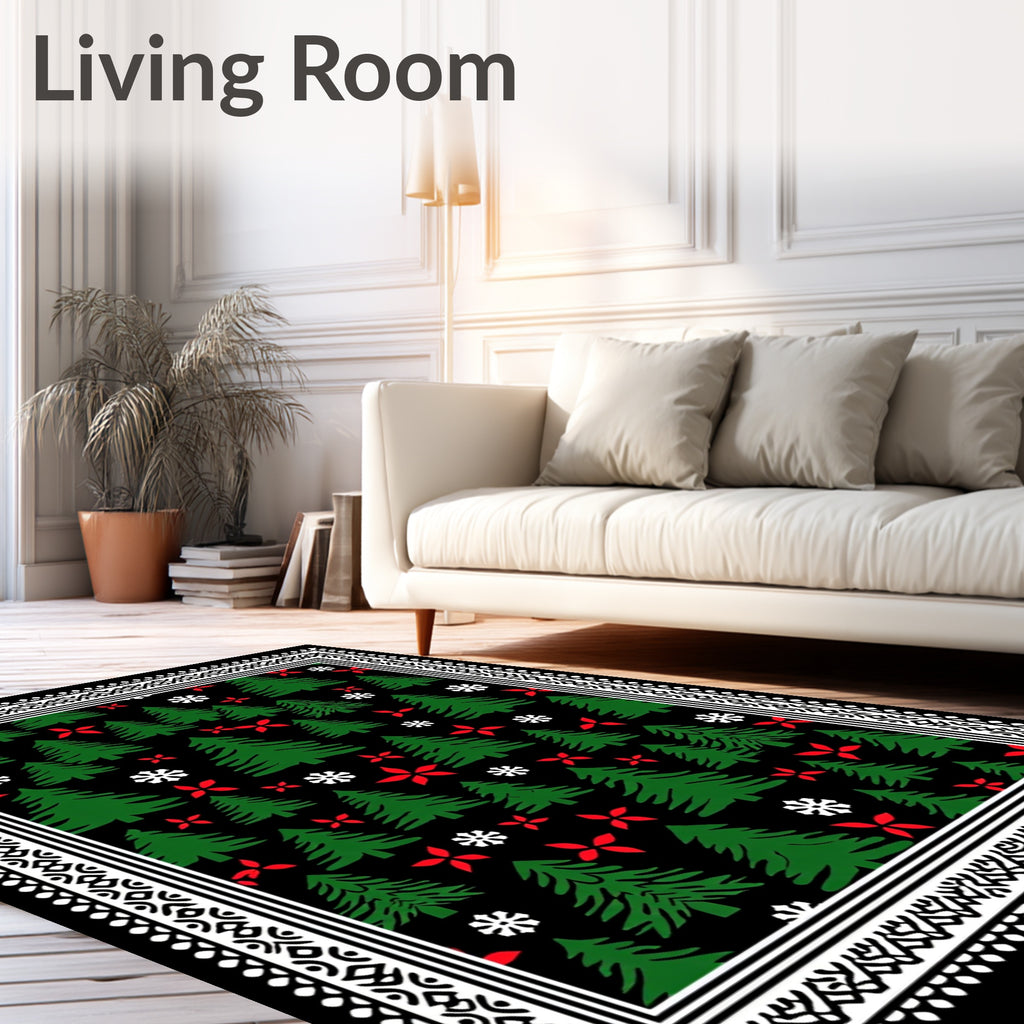 Forest Green Christmas Trees Red Flowers Rug
