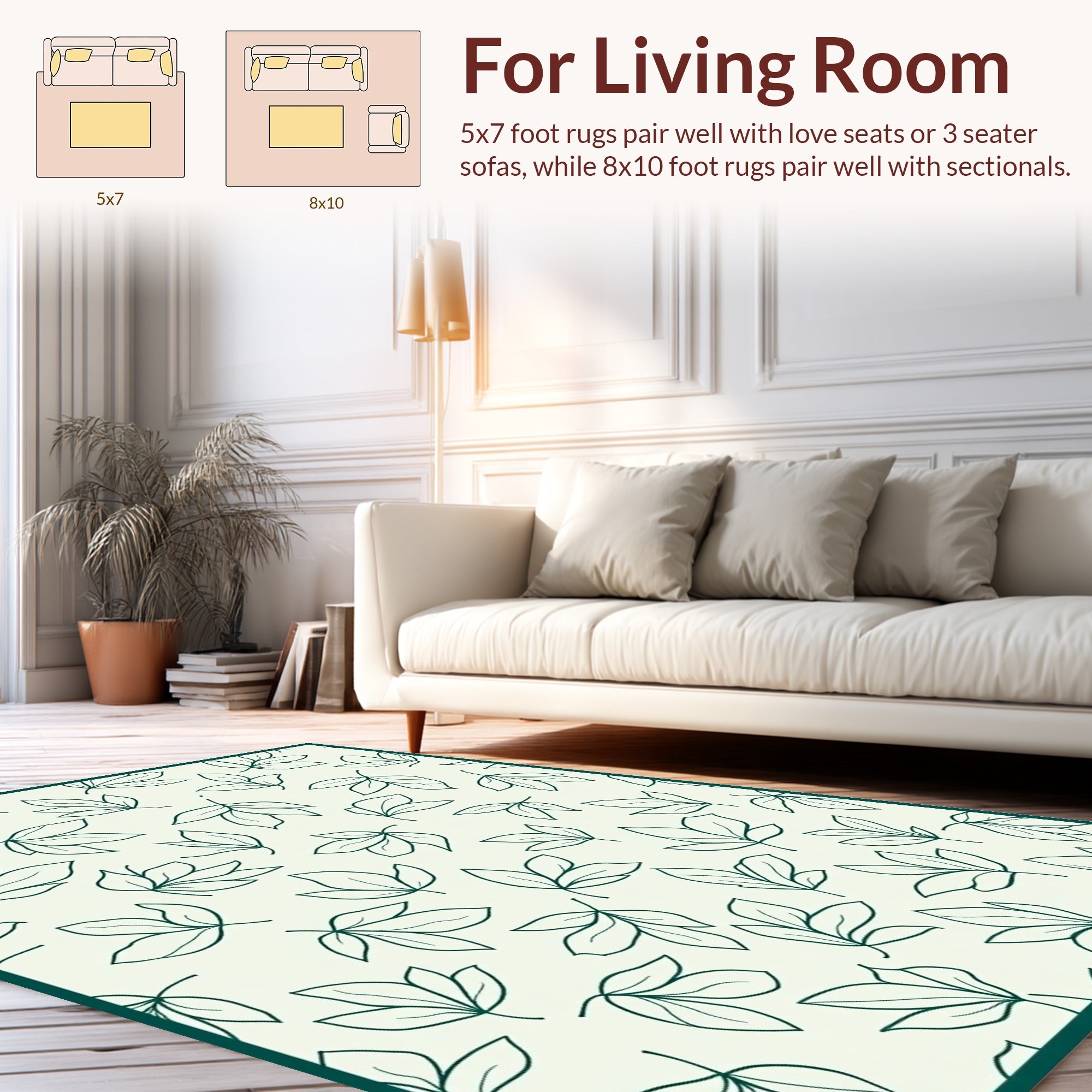 Natural Leaf Pattern Bordered Design Rug