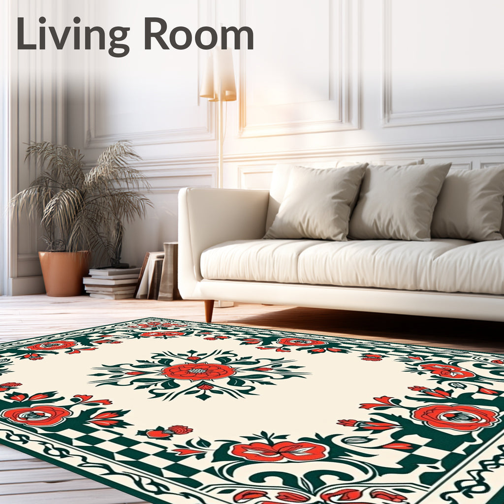 Cream Red Floral Checkerboard Border Rug