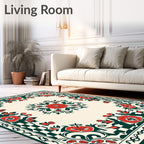Cream Red Floral Checkerboard Border Rug