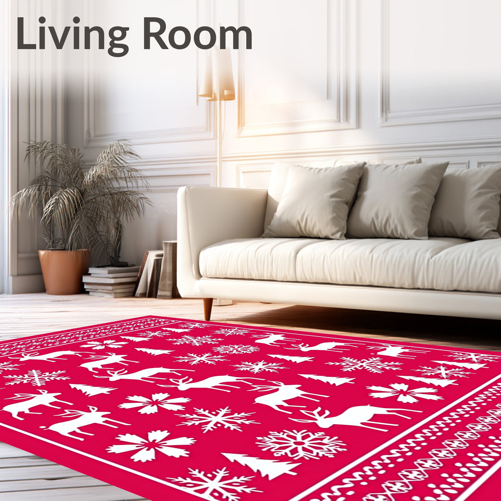 Red White Reindeer Snowflake Trees Rug
