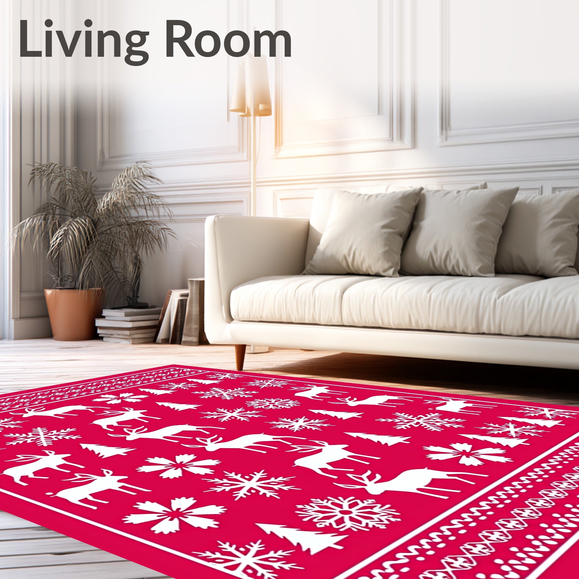 Red White Reindeer Snowflake Trees Rug