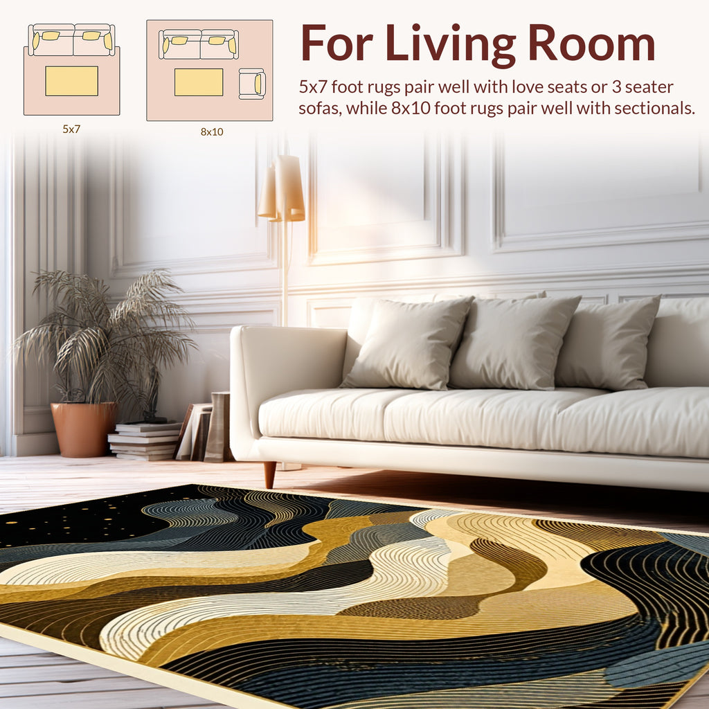 Abstract Wavy Gold Dark Lines Rug