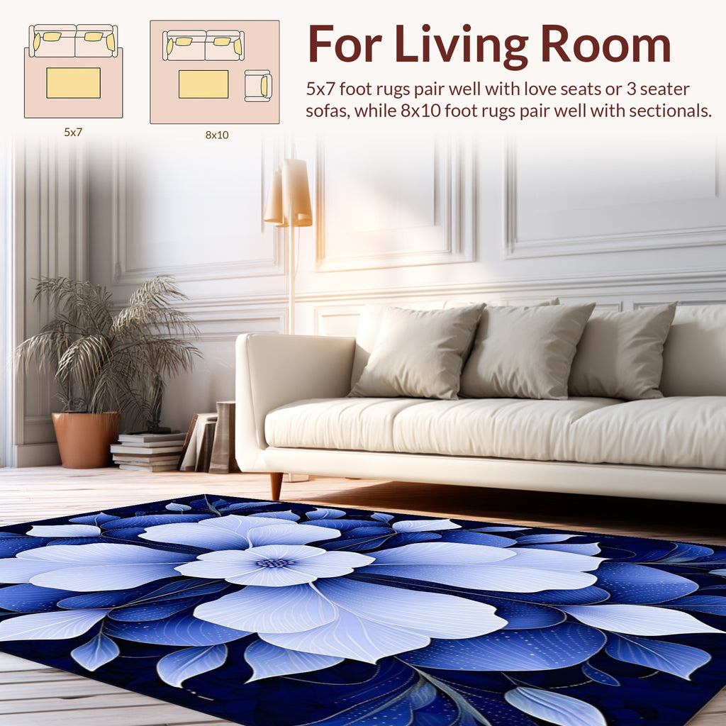Blue Floral Leaf Pattern Rug