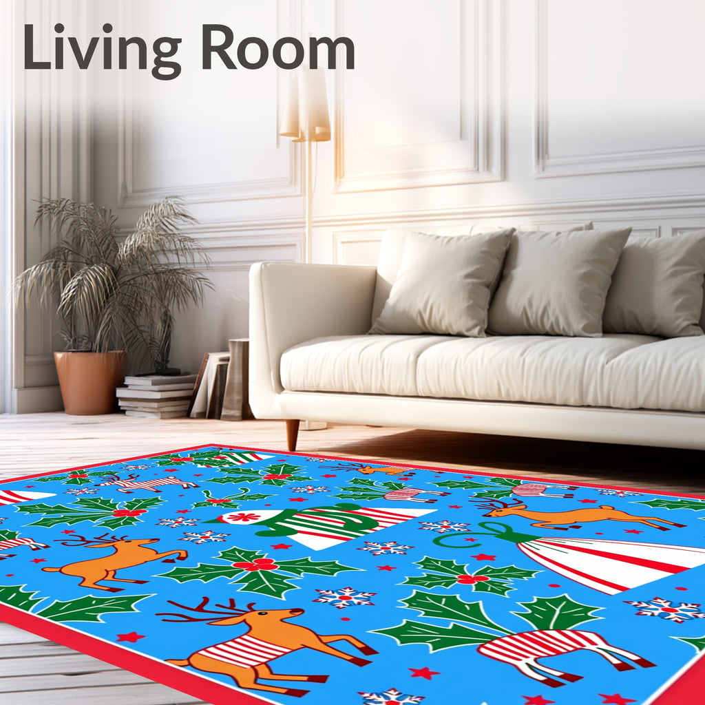 Jolly Blue Christmas Reindeer Holly Rug