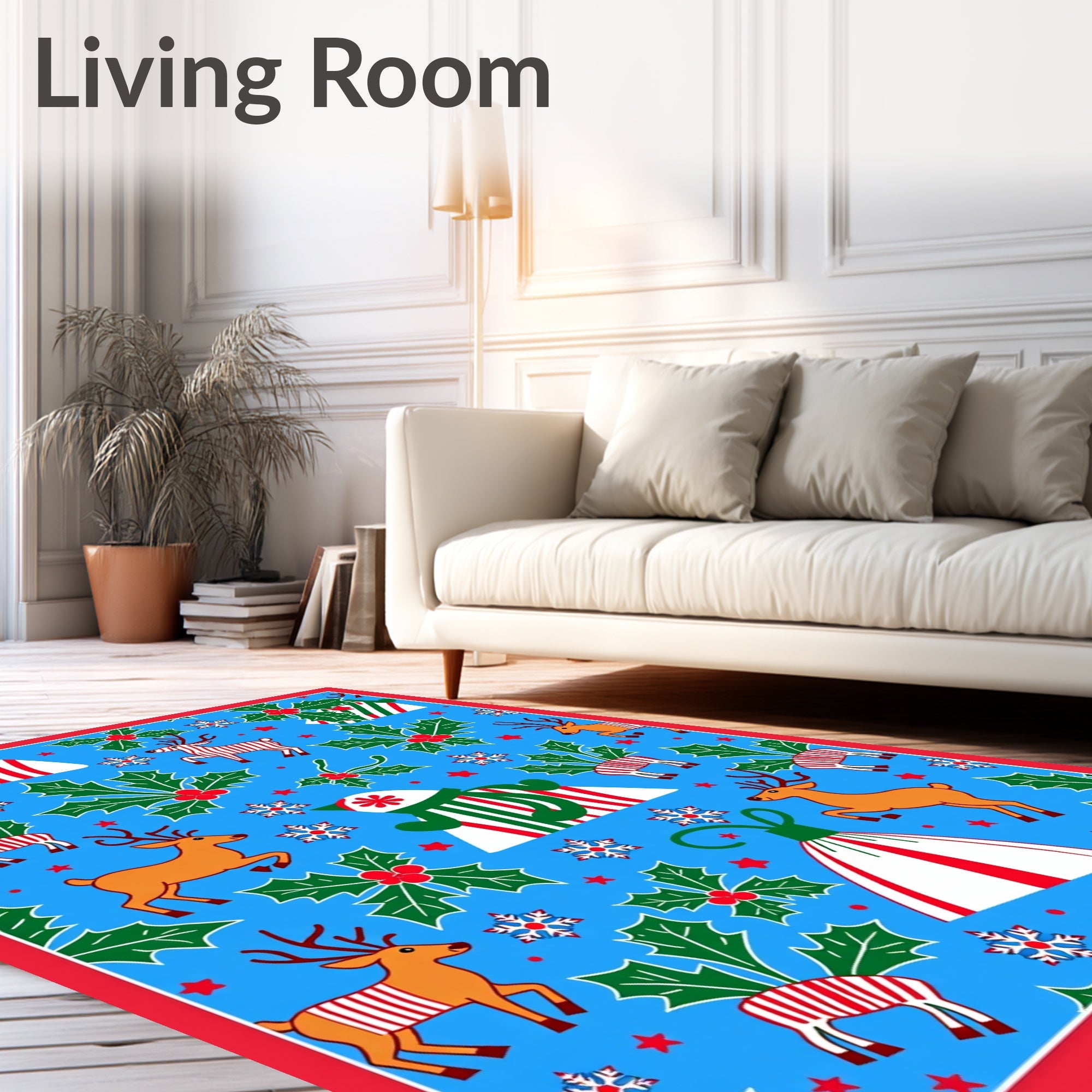 Jolly Blue Christmas Reindeer Holly Rug