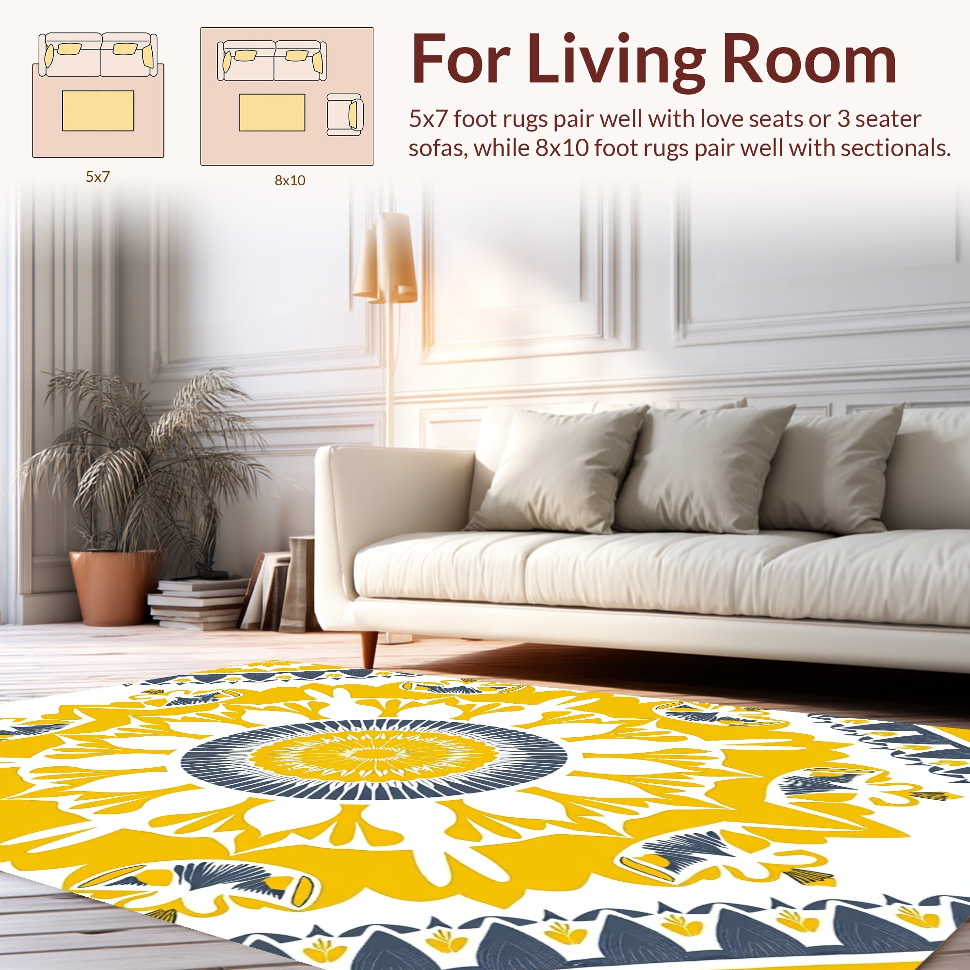 Bold Yellow Blue Floral Mandala Design Rug
