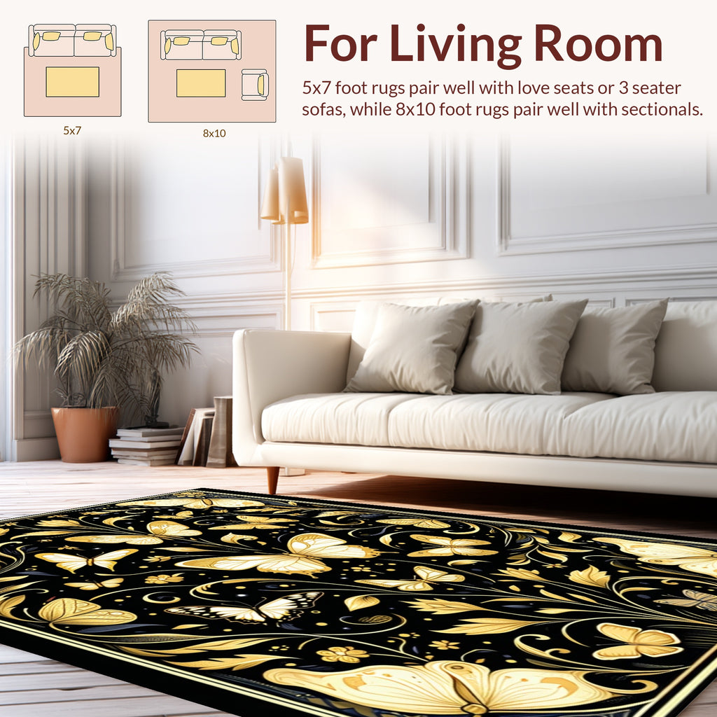 Elegant Gold Butterfly Floral Pattern Rug