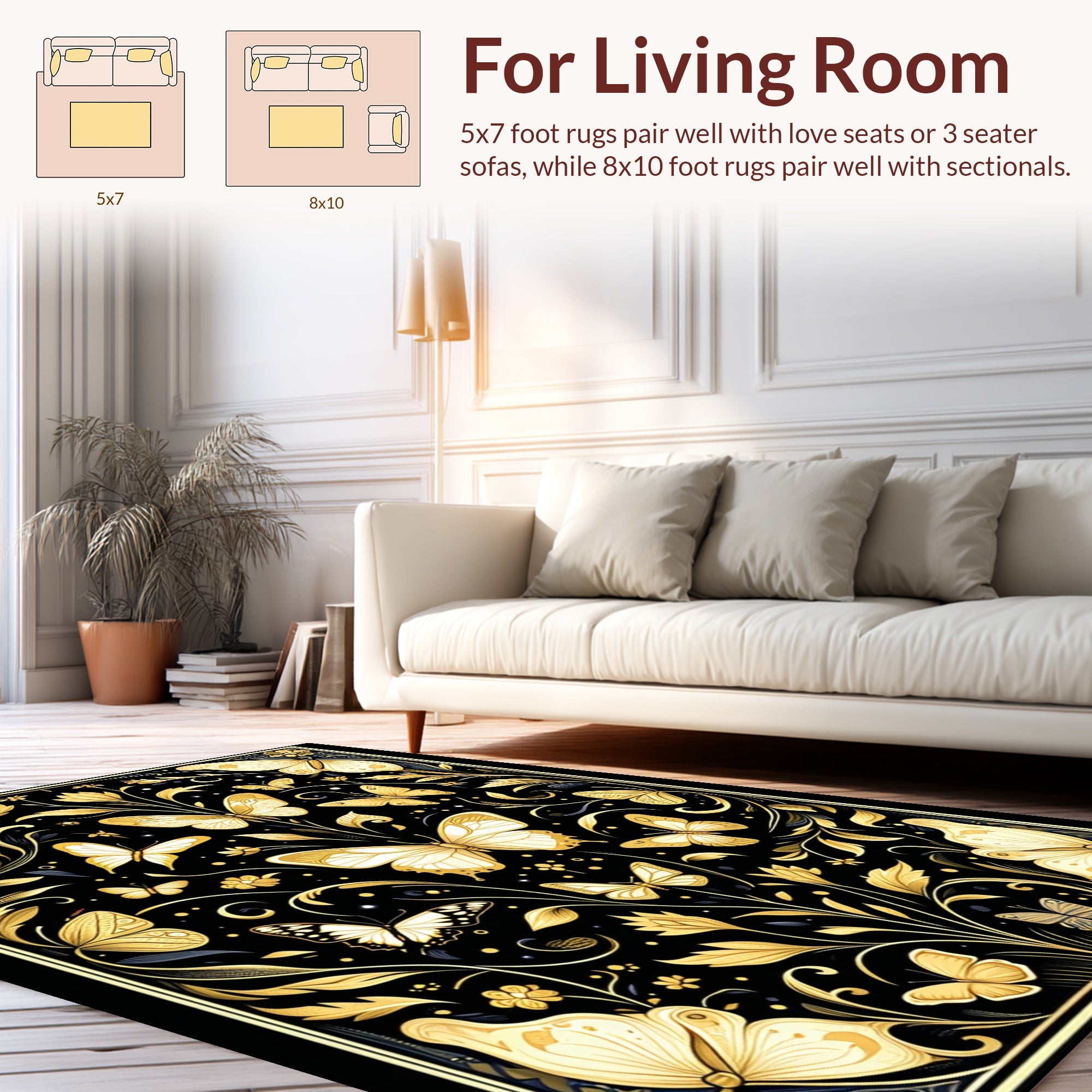 Elegant Gold Butterfly Floral Pattern Rug