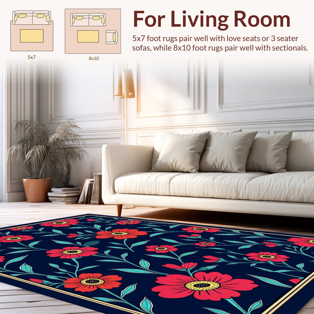 Floral Vine Dark Blue Pattern Rug
