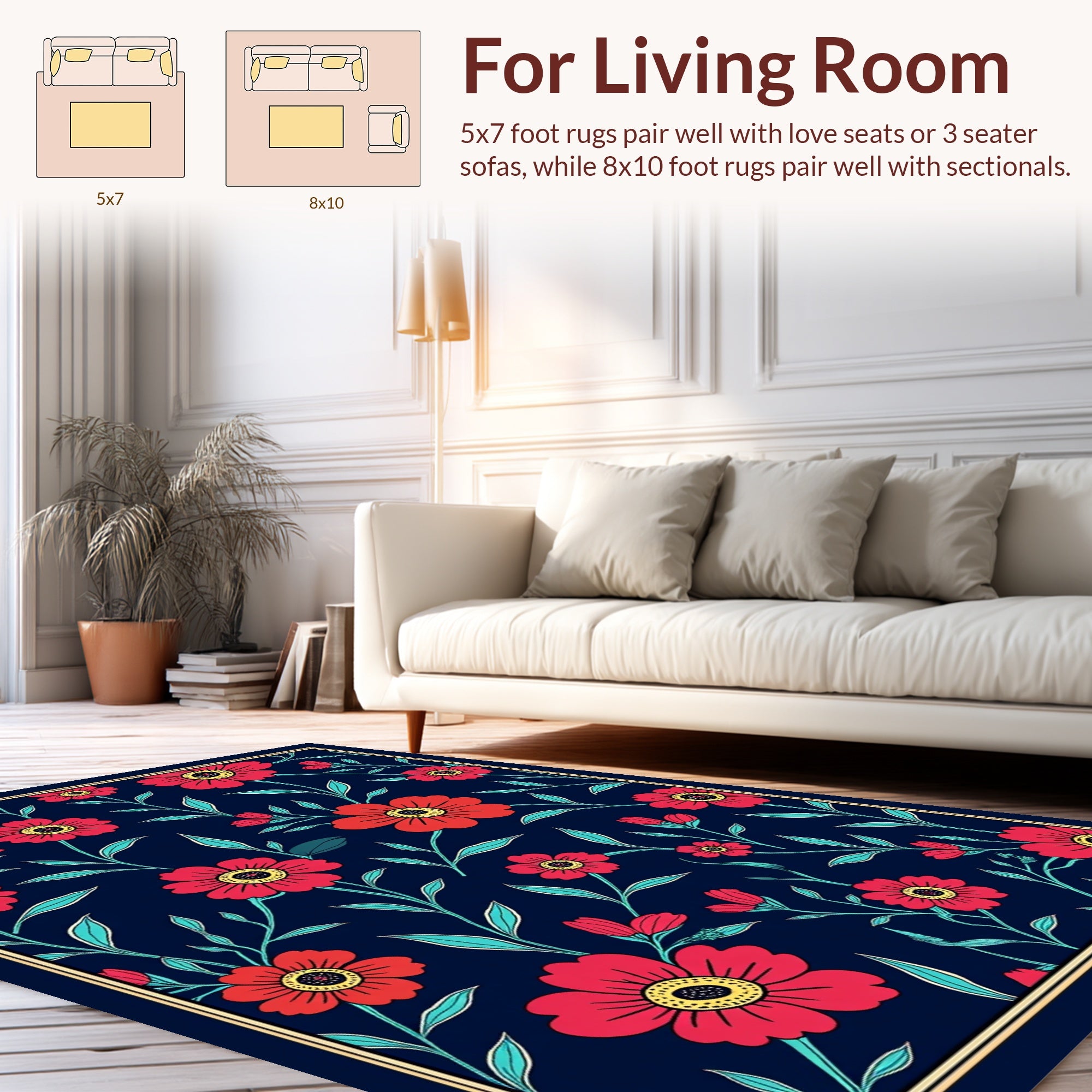 Floral Vine Dark Blue Pattern Rug