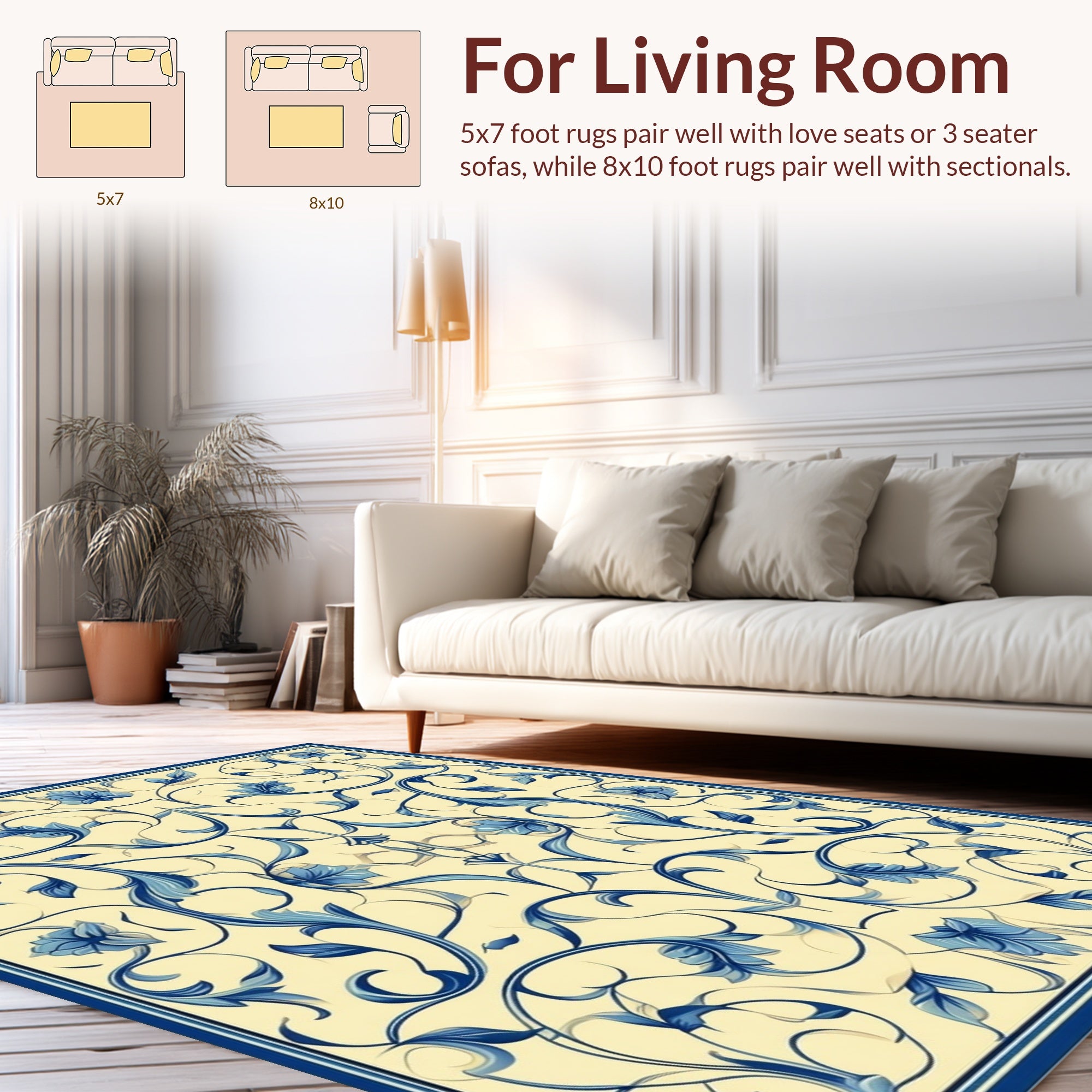 Blue Floral Swirls Pattern Design Rug