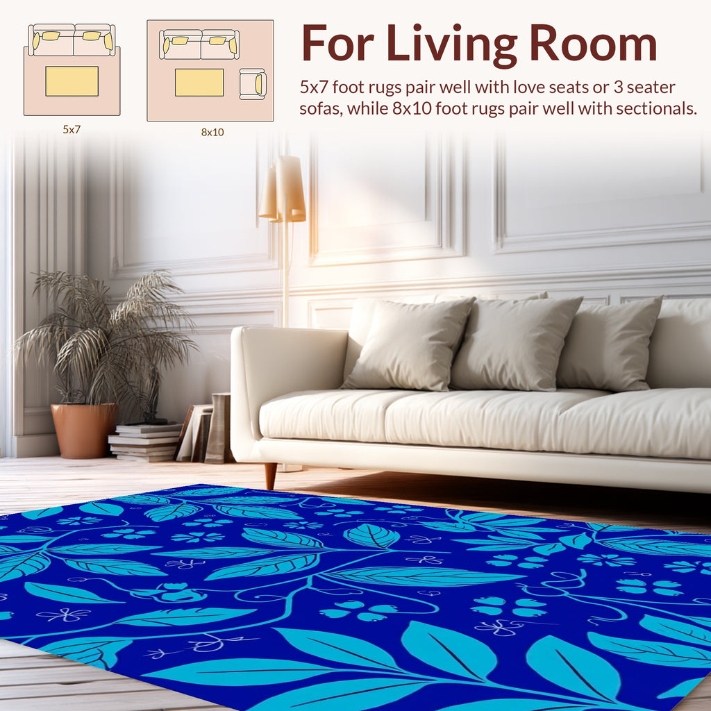 Blue Teal Leaf Flower Pattern Rug